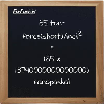 Cara konversi ton-force(short)/inci<sup>2</sup> ke nanopaskal (tf/in<sup>2</sup> ke nPa): 85 ton-force(short)/inci<sup>2</sup> (tf/in<sup>2</sup>) setara dengan 85 dikalikan dengan 13790000000000000 nanopaskal (nPa)